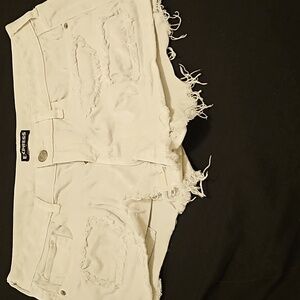 Express Shortie Low Rise White Denim Patchwork Shorts